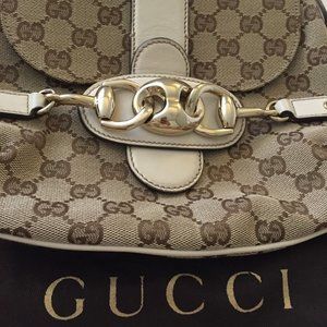 Gucci Canvas Monogram Shoulder Bag Gold Buckle
